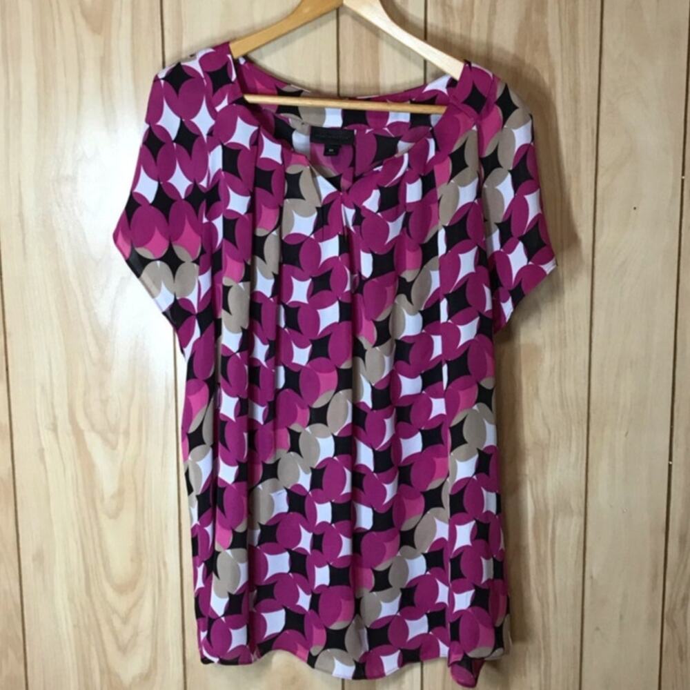 Worthington Retro Mod Geometric Split Neck Blouse Officecore Magenta 3X